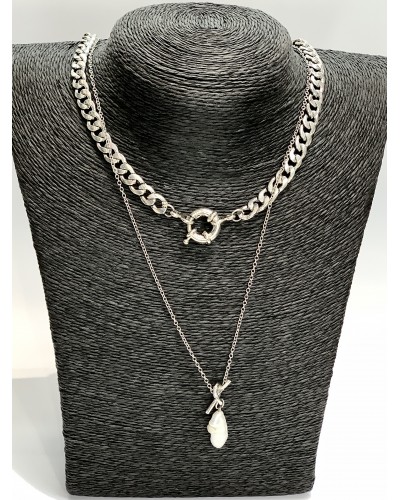 Цепь на шею в серебре двойная с жемчугом, артикул 3787